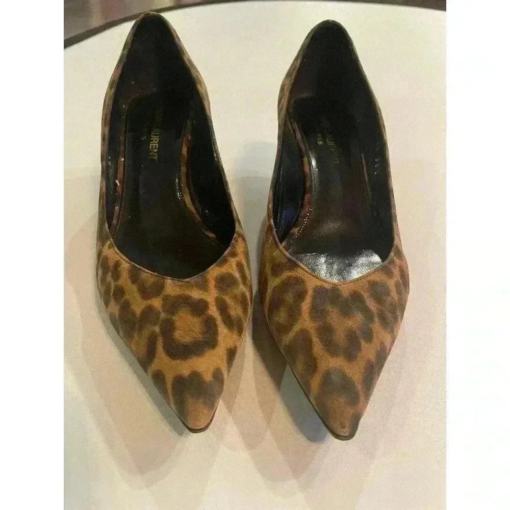 YSL Yves Saint Laurent Leopard Kitten Heels Pumps 36.5 6.5 Charlotte Black Tan - Picture 7 of 13